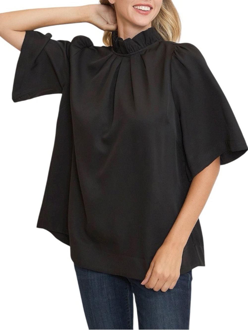 Umgee‎ Bow Tie Back Mock Neck Half Sleeve A Line Versatile Wear Relaxed Blouse S